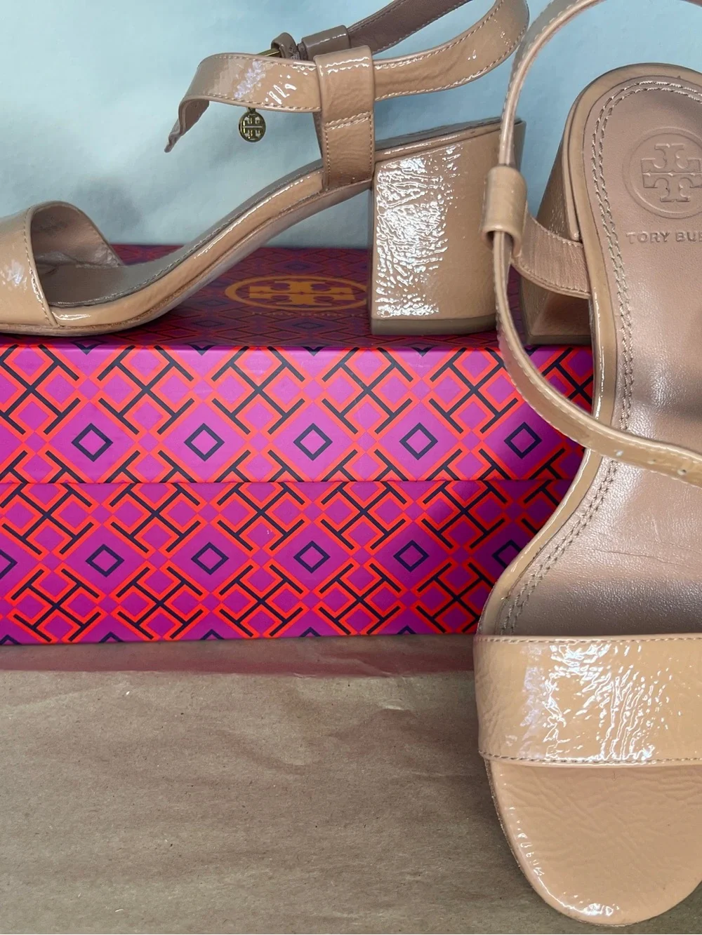 Tory Burch Patent Leather Nude Block Heel Sandals